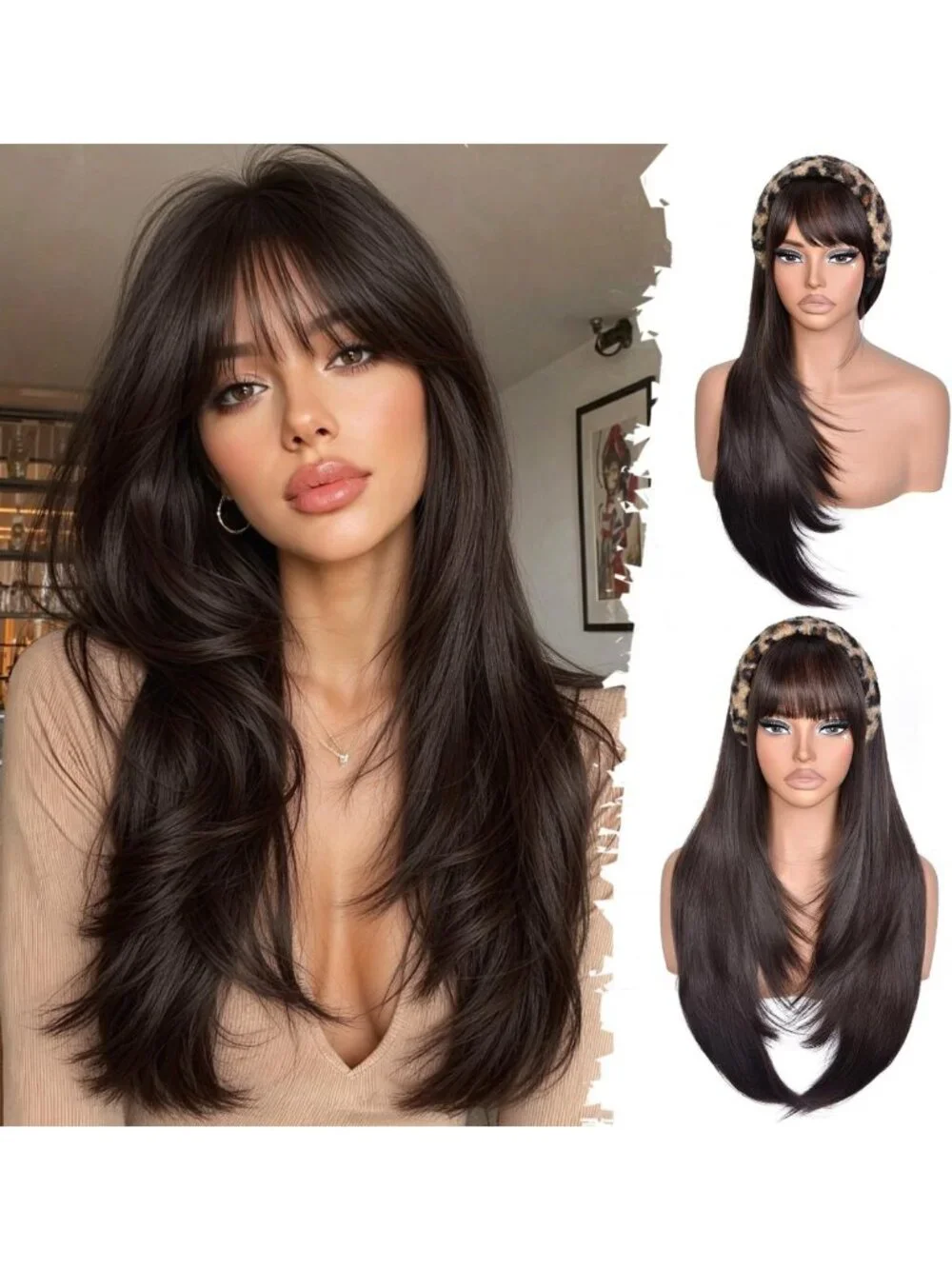 26-Inch Long Brown Layered Wig with Bangs - Straight Synthetic Hair for Women
